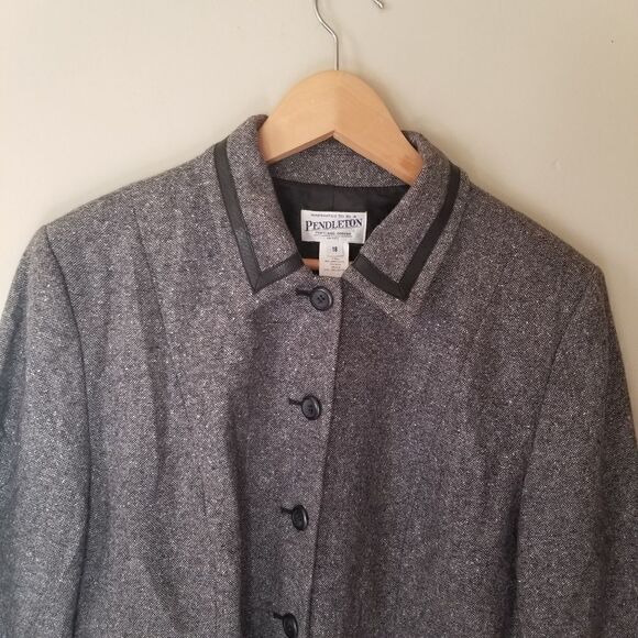 𝅺Pendleton Wool Preppy Equine Boxy Blazer Jacket Leather Trim Size 18 - Picture 7 of 8